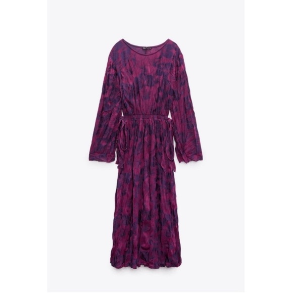 ZARA Wrinkled Jacquard Floral Midi Dress Dark Maroon Cut Out Sz M-L - Picture 2 of 13